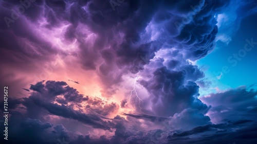 Panorama Dark cloud at evening sky with thunder bolt. Heavy storm bringing thunder, lightnings and rain in summer. thunderbolt background.