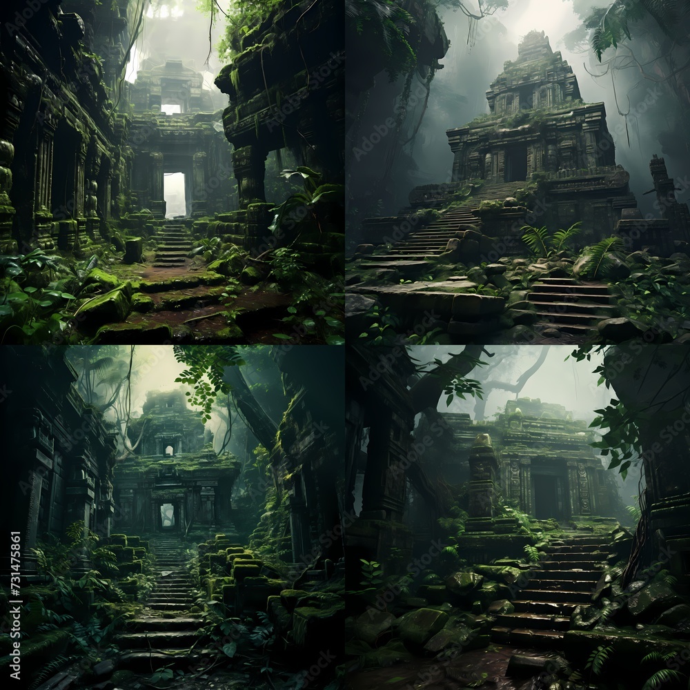 A mysterious ancient temple hidden deep in a lush jungle, surrounded by vines and partially obscured by mist