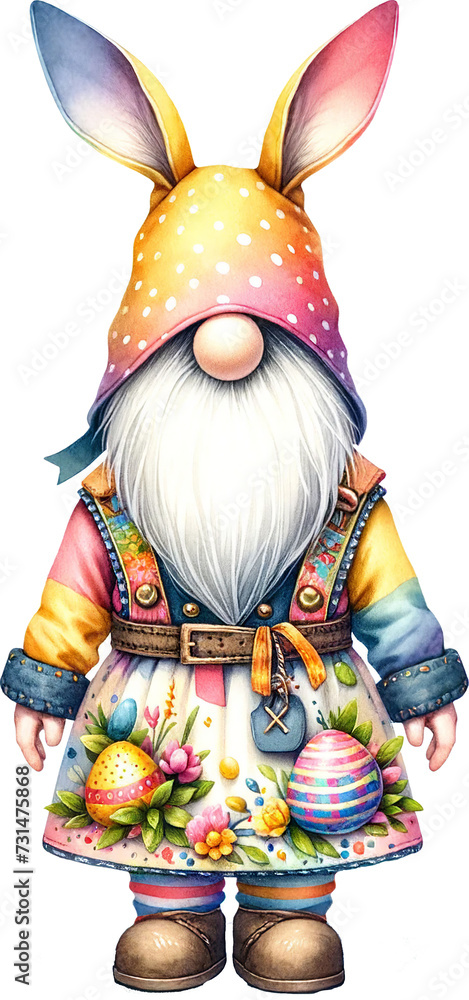 Festive Easter Gnome with Floral Bunny Ears and Egg Basket Illustration
