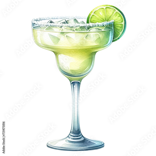 Margarita Cocktail Watercolor Illustration with Lime Slice Garnish, Elegant Glassware Design PNG, Isolated on Transparent Background for Sophisticated Drink Menus and Bar Decor