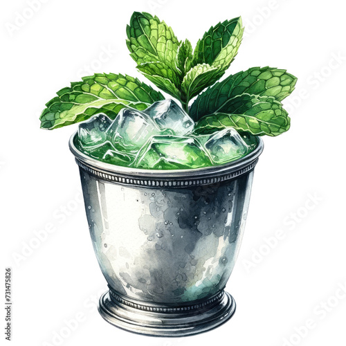 Mint Julep Cocktail Watercolor Illustration with Mint Garnish, Elegant Stainless Steel Julep Cup Design PNG, Isolated on Transparent Background for Sophisticated Drink Menus and Bar Decor photo