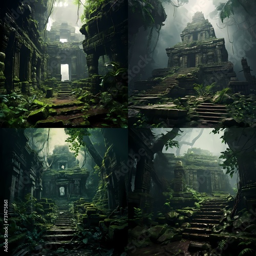 A mysterious ancient temple hidden deep in a lush jungle  surrounded by vines and partially obscured by mist
