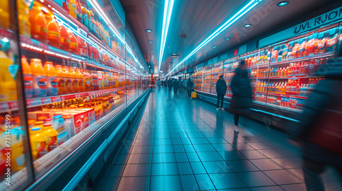 Grocery store isle - shopping center - supermarket - motion blur - bakeh effect - vibrant colors - artistic rendering  photo
