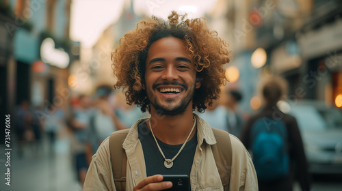 Joyful young man with curly hair using a smartphone in an urban setting, connectivity on the go photo