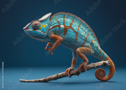 colorful chameleon sitting on a wooden log or branch. The lizard has a unique pattern with green, yellow, and orange colors, making it a striking and eye-catching subject. © DesignerToolbox