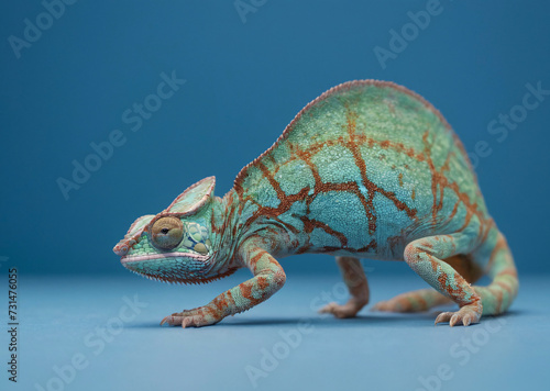 colorful chameleon sitting on a wooden log or branch. The lizard has a unique pattern with green, yellow, and orange colors, making it a striking and eye-catching subject.