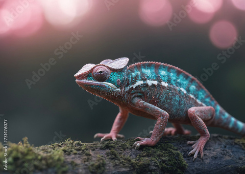 Colorful chameleon lizard sitting on a wooden log or branch. The lizard has a unique pattern with green  yellow  and orange colors  making it a striking and eye-catching subject.