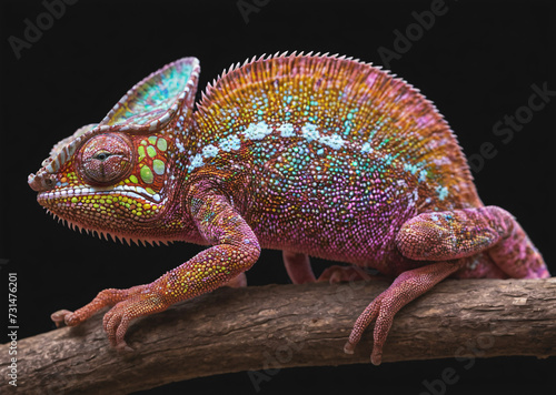 Colorful chameleon lizard sitting on a wooden log or branch. The lizard has a unique pattern with green, yellow, and orange colors, making it a striking and eye-catching subject. © DesignerToolbox