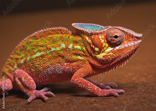 Colorful chameleon lizard sitting on a wooden log or branch. The lizard has a unique pattern with green, yellow, and orange colors, making it a striking and eye-catching subject.