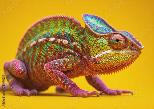 Colorful chameleon lizard sitting on a wooden log or branch. The lizard has a unique pattern with green  yellow  and orange colors  making it a striking and eye-catching subject.