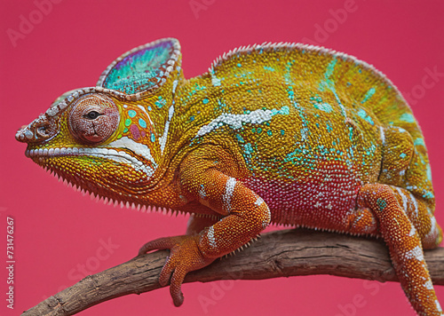 Colorful chameleon lizard sitting on a wooden log or branch. The lizard has a unique pattern with green  yellow  and orange colors  making it a striking and eye-catching subject.
