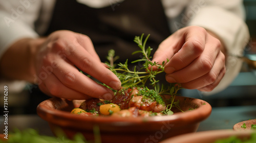 Professional chef carefully garnishing a dish with green herbs, focus on culinary art and presentation