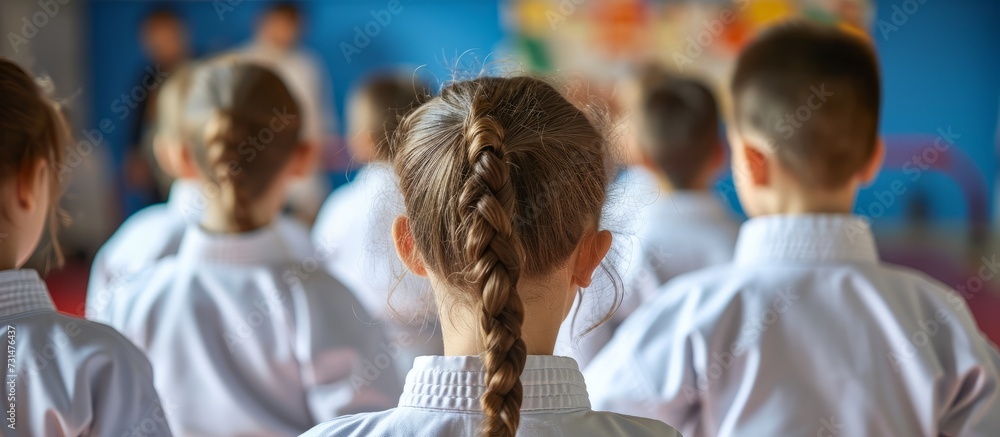 A happy group of children is sitting in a row, sharing gestures and having fun during a leisure event in a classroom. A happy group of children is sitting in a row, sharing gestures and having fun during a leisure event in a classroom.