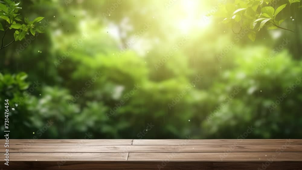 empty wooden table top with green garden at cafe. seamless looping overlay 4k virtual video animation background empty wooden table top with green garden at cafe. seamless looping overlay 4k virtual video animation background