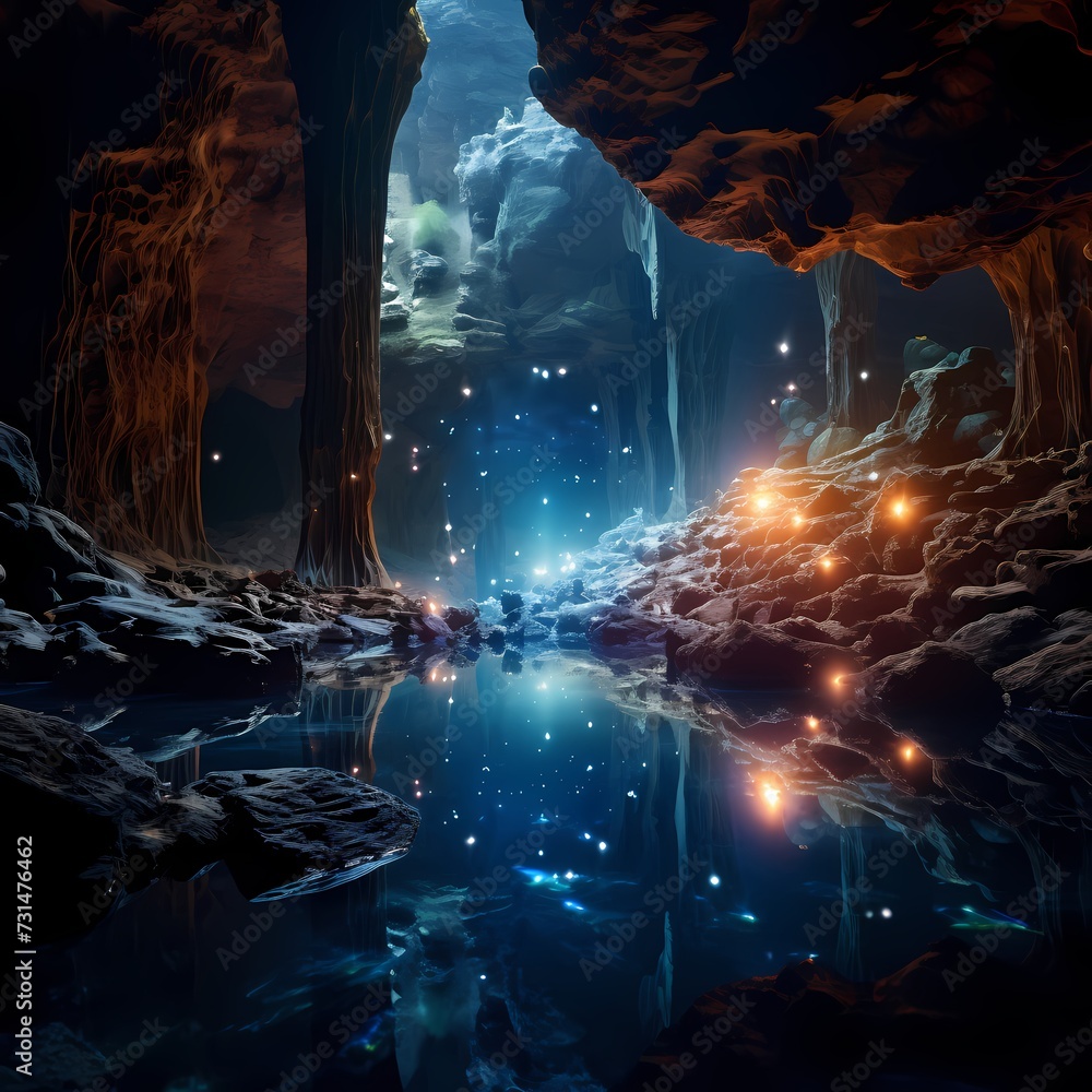 A mysterious cave with bioluminescent crystals, casting an enchanting ...