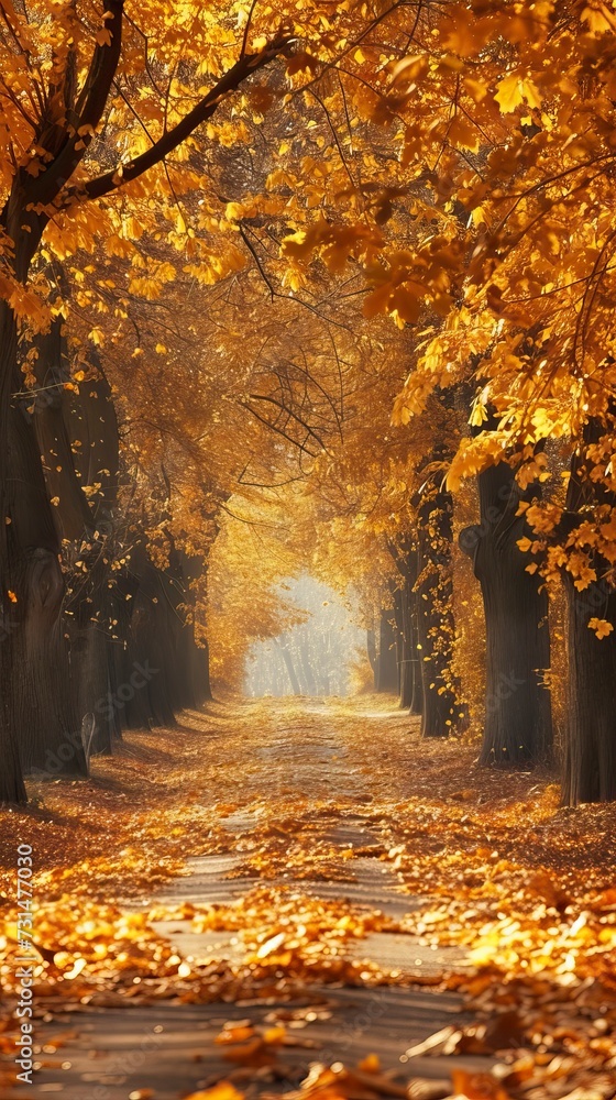 Fototapeta premium Autumn alley with beautiful golden colors and eaves 