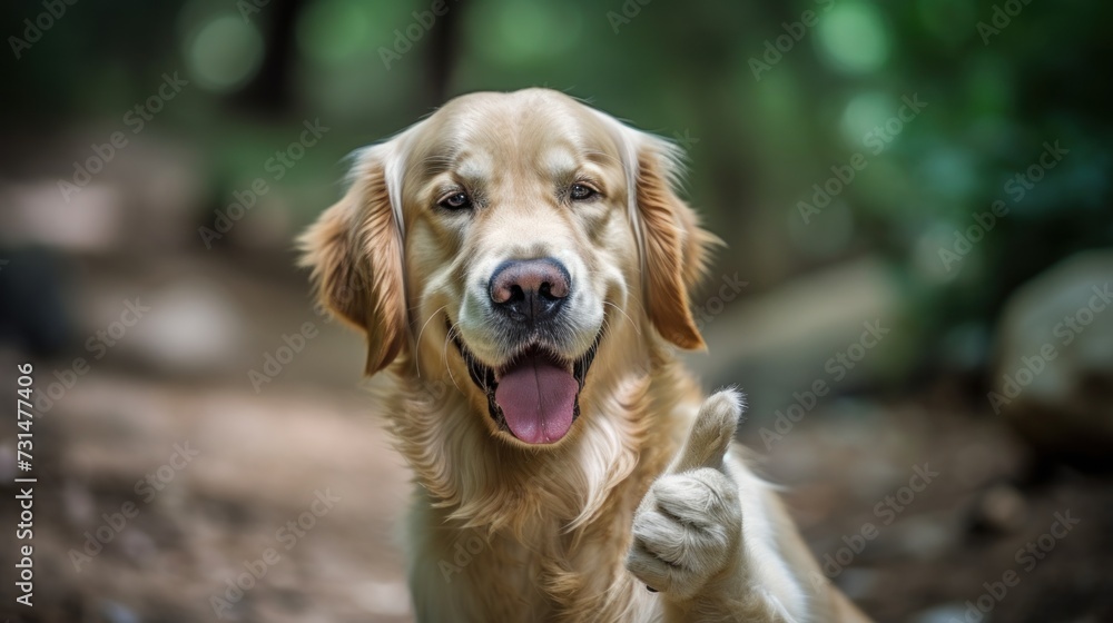 Portrait of friendly dog making thumbs up.