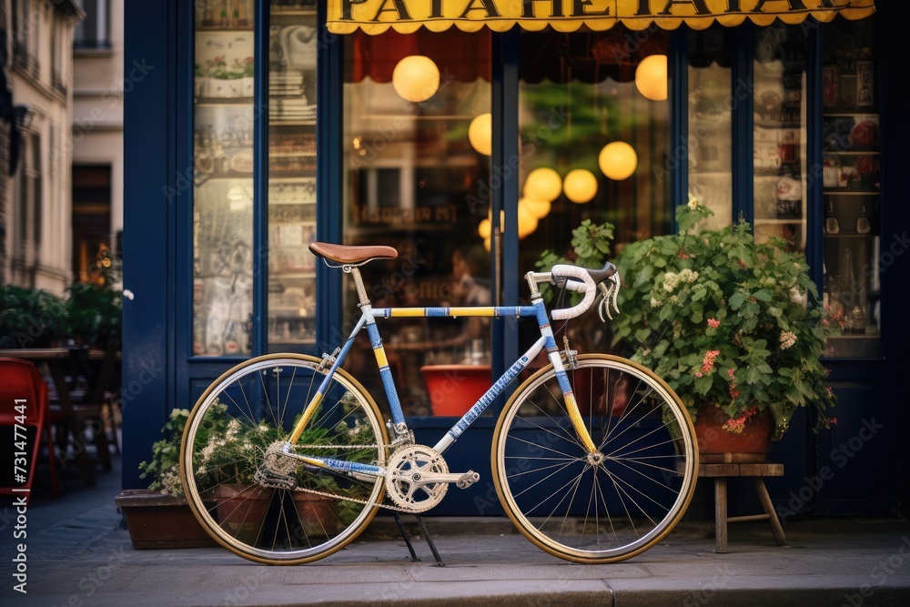 A lone bike parked against a lamppost outside a bustling restaurant on a street corner, Racing bicycle leaning outside of a French cafe, AI Generated