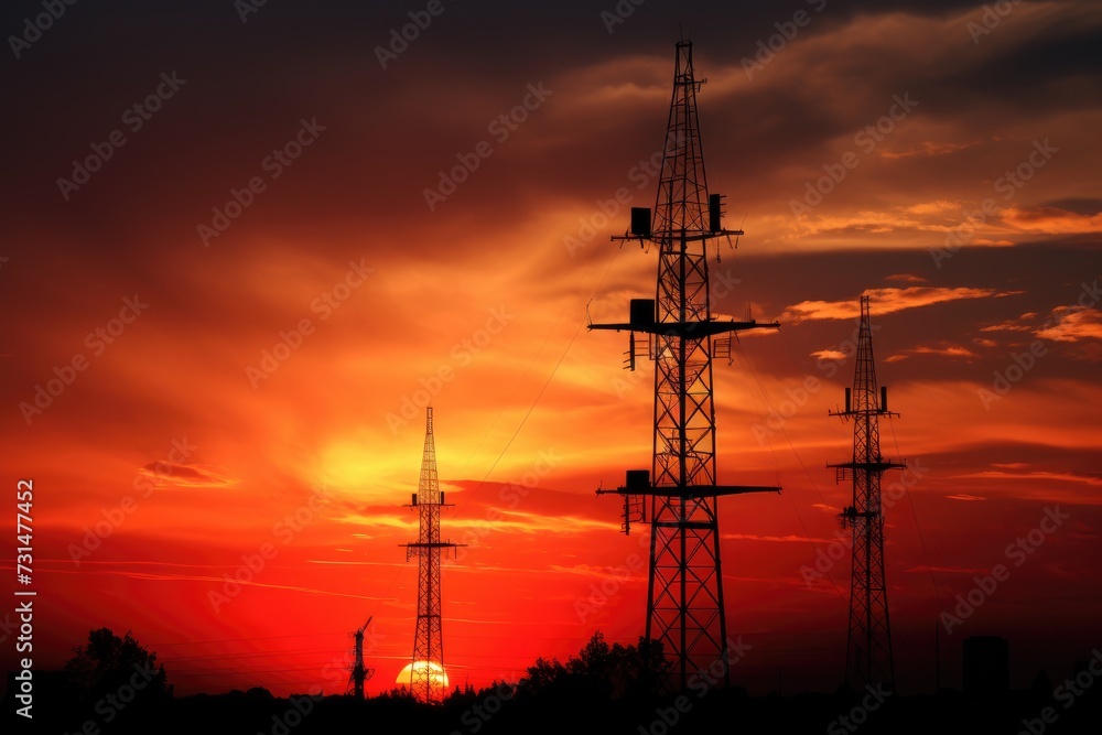 A breathtaking view of the sun slowly descending behind a row of towering cell antennas, creating a captivating evening landscape, Radio towers silhouetted against a sunset sky, AI Generated