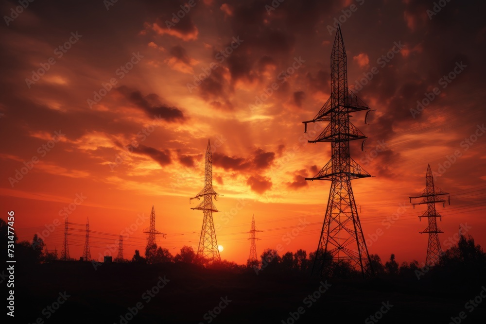 Fototapeta premium A stunning photograph of the sun setting behind a row of power lines, casting a warm glow over the landscape, Radio towers silhouetted against a sunset sky, AI Generated
