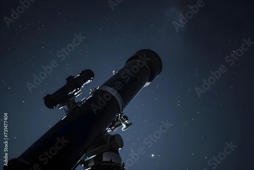 Enjoy this high-quality stock photo of a telescope pointed towards the stars on a clear night, with the galaxy faintly visible.