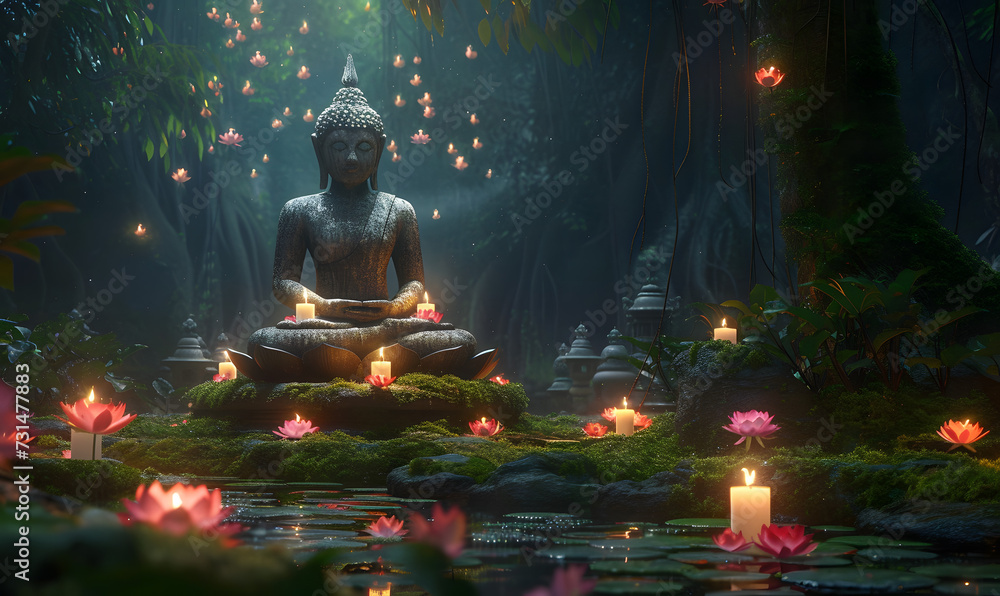 A Buddha statue decorated with simple candles and lotus flowers in a mossy forest,Generative AI