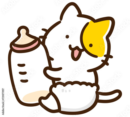 哺乳瓶を持つかわいい赤ちゃんねこのデフォルメイラスト
