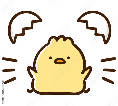 卵の殻から誕生したかわいいひよこのキャラクターのデフォルメイラスト