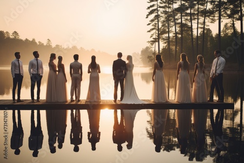 A diverse group of individuals stand together on a dock, enjoying the serene view of a beautiful lake, Reflection of a wedding party in a serene lake, AI Generated