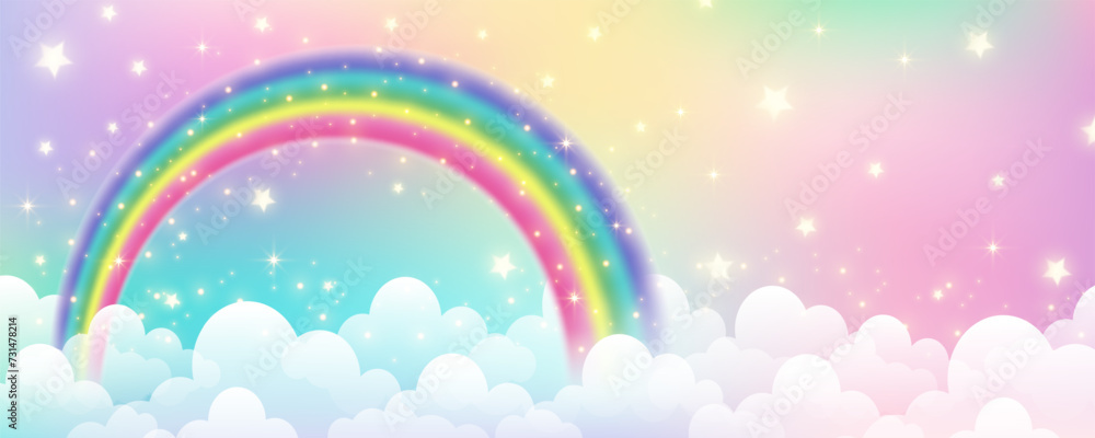 Holographic fantasy rainbow unicorn background with clouds. Pastel color sky. Magical landscape, abstract fabulous pattern. Cute candy wallpaper. Vector. Holographic fantasy rainbow unicorn background with clouds. Pastel color sky. Magical landscape, abstract fabulous pattern. Cute candy wallpaper. Vector.