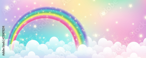 Holographic fantasy rainbow unicorn background with clouds. Pastel color sky. Magical landscape, abstract fabulous pattern. Cute candy wallpaper. Vector.