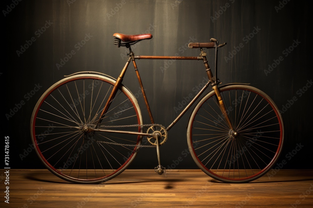 An old fashioned bicycle neatly positioned on top of a rustic wooden floor, Retro 1880's high wheeler bicycle, AI Generated