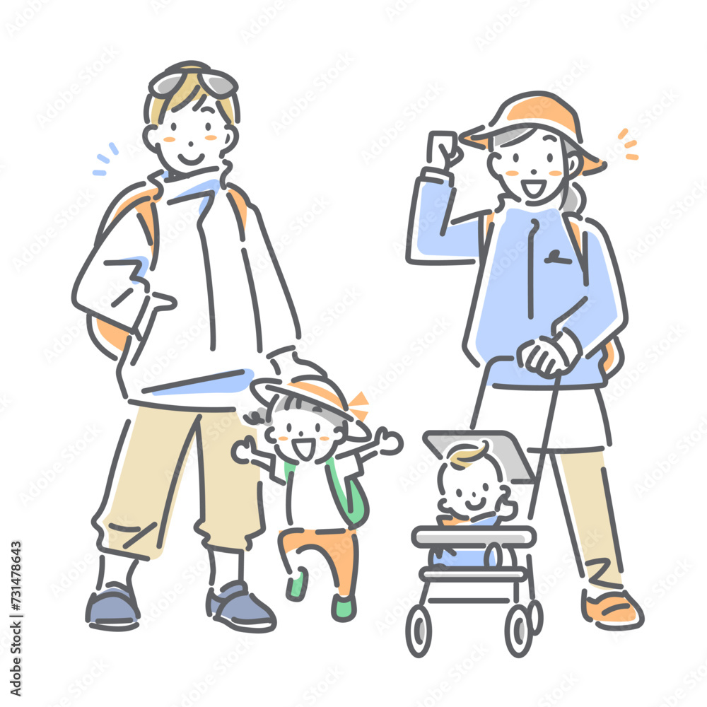ワクワクしながら旅行へ出発する若い家族　シンプルでお洒落な線画イラスト　
