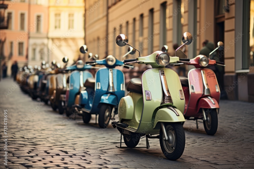 A line of mopeds neatly lined up next to each other on a picturesque cobblestone street, Retro Vespa scooters in different shades parked in a European square, AI Generated