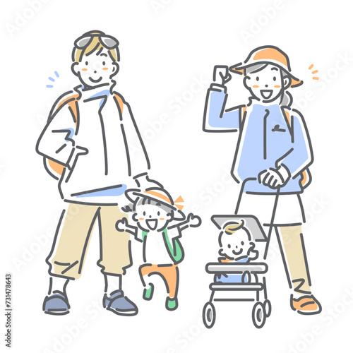 ワクワクしながら旅行へ出発する若い家族　シンプルでお洒落な線画イラスト　