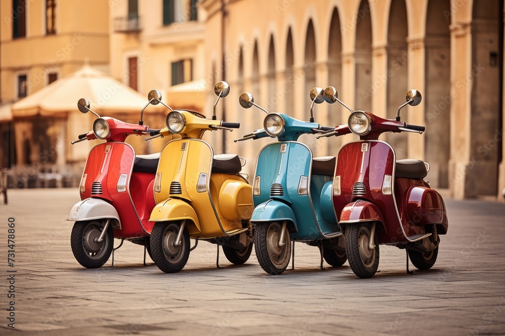 A vibrant row of scooters parked neatly in front of a building on a sunny day, Retro Vespa scooters in different shades parked in a European square, AI Generated