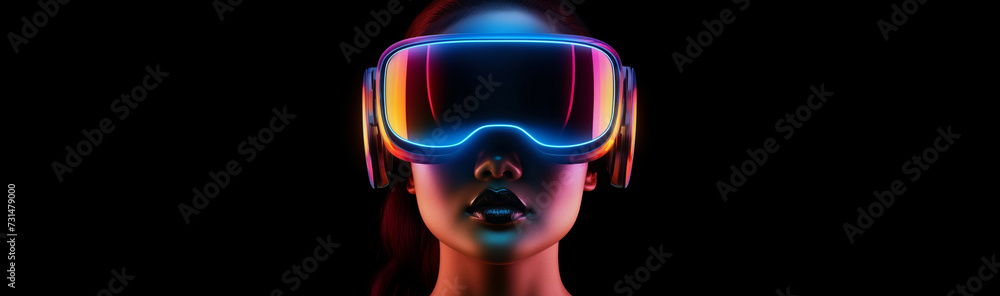 A young woman in VR goggles, navigating virtual reality with gesture control, an embodiment of AR and mixed reality technology Neon Light Background. Generative AI. A young woman in VR goggles, navigating virtual reality with gesture control, an embodiment of AR and mixed reality technology Neon Light Background. Generative AI.