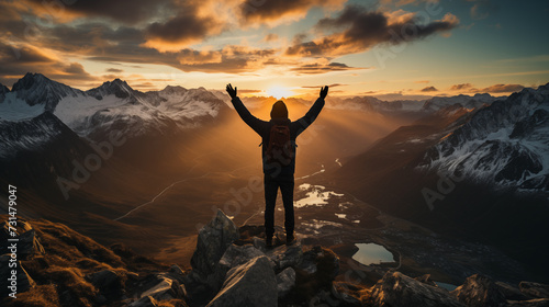 Mountain Peak Triumph concept with Young Man Raised Hands Against Sunset on Too Rock of Mountains Landscape. 