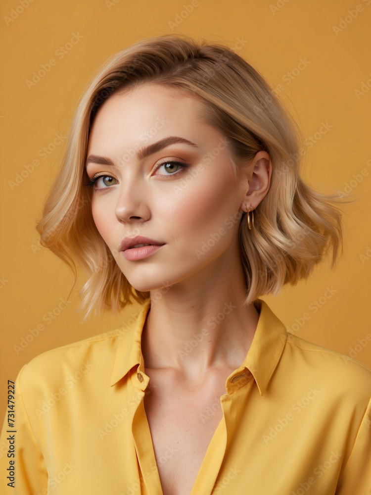 A working woman with high self-confidence, independent, modern, talkative, beautiful and charming, Yellow background, Stylish portraits. A working woman with high self-confidence, independent, modern, talkative, beautiful and charming, Yellow background, Stylish portraits.