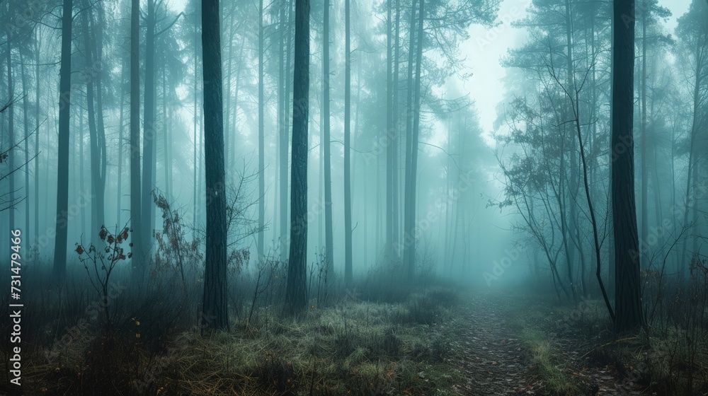 Fototapeta premium Panorama of foggy forest. Fairy tale spooky looking woods in a misty day. Cold foggy morning in horror forest
