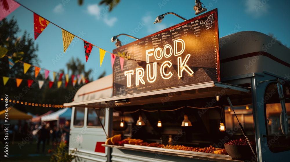 Signboard of a food truck with colorful pennants. Generative Ai Signboard of a food truck with colorful pennants. Generative Ai