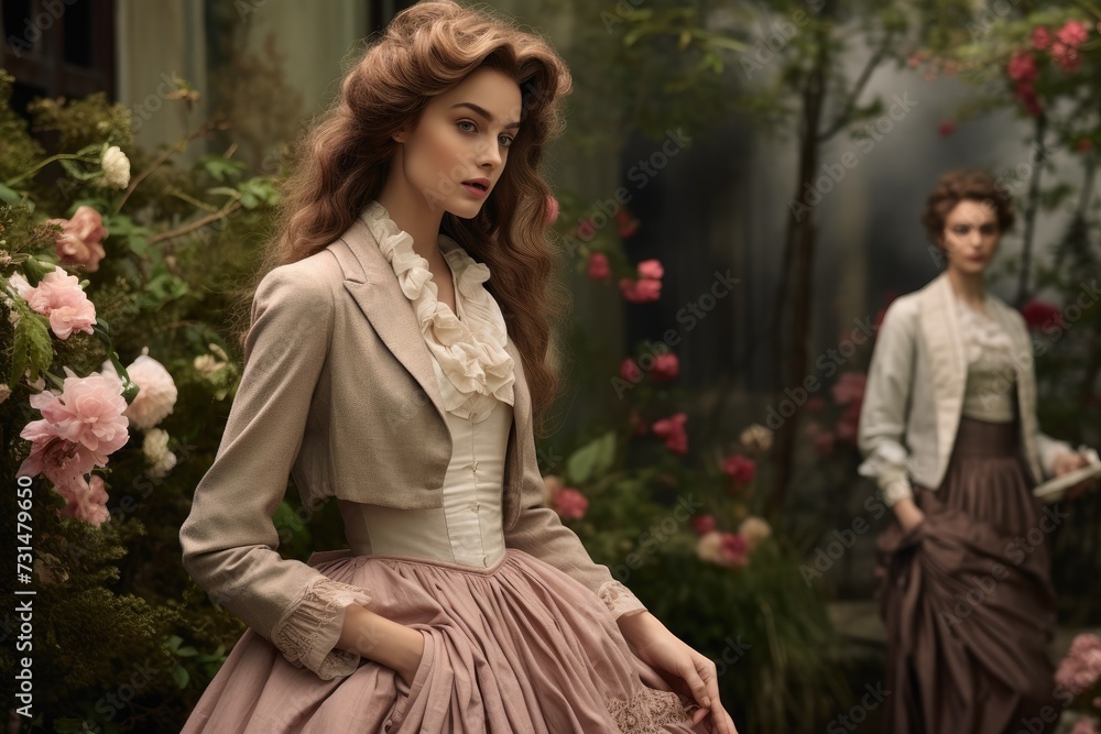 A woman dressed in a dress and a man in a suit pose together, Romantic era clothing against a lush garden backdrop, AI Generated
