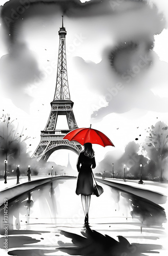 A girl with a red umbrella on the background of the Eiffel tower. A black and white picture. Made with the help of artificial intelligence. High quality. Postcard, wallpaper, background, screensaver. 