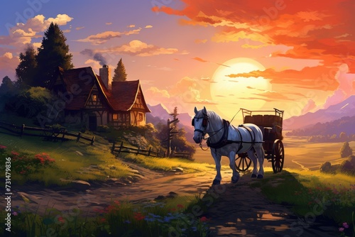 An exquisite painting capturing the beauty of a horse drawn carriage traveling along a serene country road, Rural landscape with horse and buggy, AI Generated photo