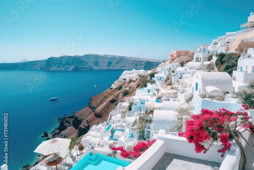 A stunning aerial view showcasing the charming beauty of a blue and white village nestled in a scenic setting  Santorini  Greece with its white-washed buildings and turquoise sea  AI Generated