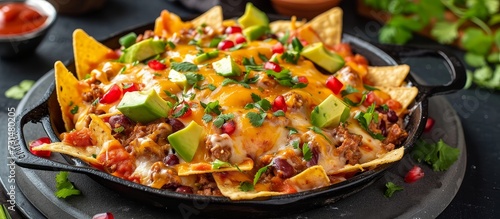 A delicious skillet dish combining nachos, cheese, avocado, and meat, perfect for any food lover and a great addition to any tableware collection.
