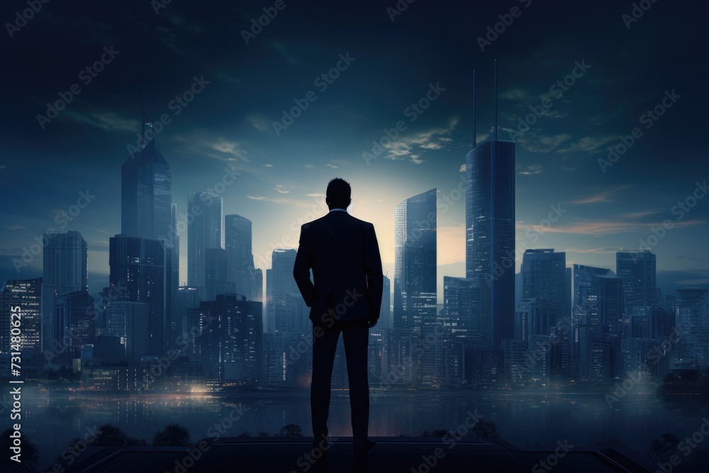 A lone man stands in front of a vibrant cityscape illuminated by countless lights at night, Silhouette of a businessman looking at a futuristic city skyline, AI Generated A lone man stands in front of a vibrant cityscape illuminated by countless lights at night, Silhouette of a businessman looking at a futuristic city skyline, AI Generated