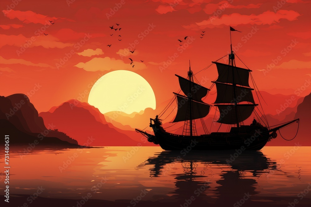 Naklejka premium A boat floating peacefully on the calm surface of a beautiful body of water, Silhouette of a Chinese junk boat against a sunset backdrop, AI Generated