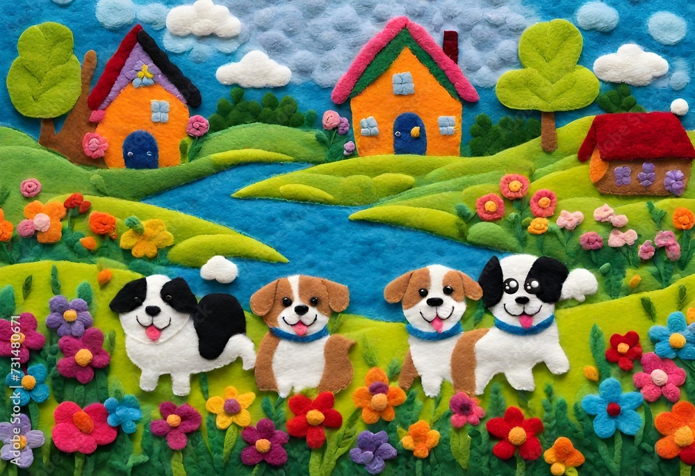 view of a meadow with dogs playing on the front lawn Among the bright nature, Among the flowers and trees, felt art view of a meadow with dogs playing on the front lawn Among the bright nature, Among the flowers and trees, felt art