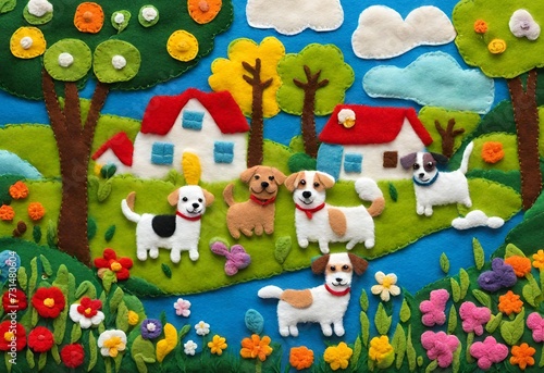view of a meadow with dogs playing on the front lawn  Among the bright nature  Among the flowers and trees  felt art